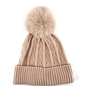 Vince Camuto Beanie Hat Pink Cardigan Cable Knit Faux Fur Pom Cuff Dusty Rose